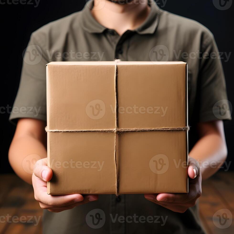 AI generated close up delivery man hand holding package photo