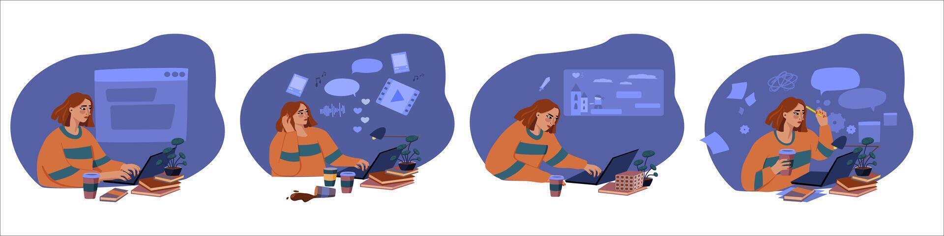 Set of illustrations of a woman at a computer. Surfing the Internet, work, computer activity. vector