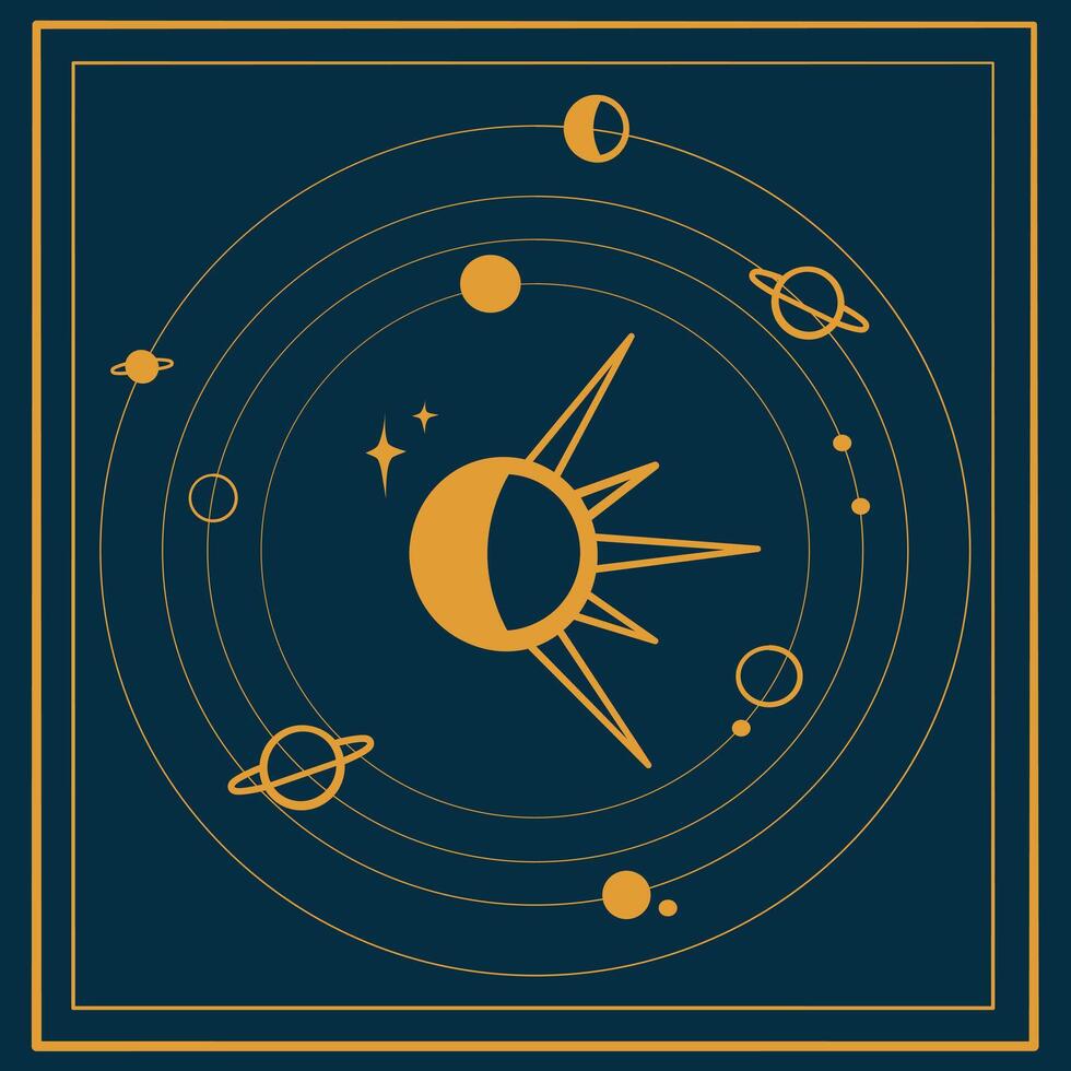 Celestial bodies on a blue background. Moon, Sun and planets for astrology and occultism. Vector image of esoteric and magic. Drawing of the Solar system with frames - planets in orbit.