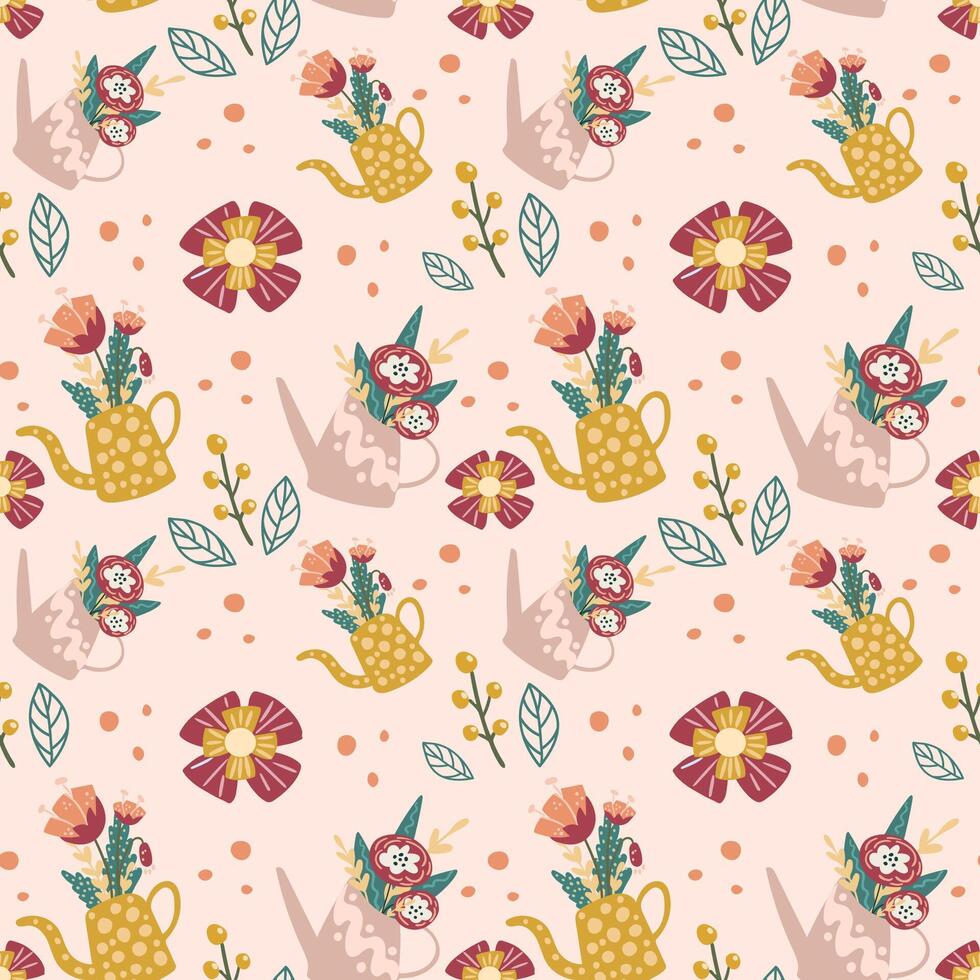Seamless pattern with watering can and flowers. For textiles, packaging, wallpaper. vector