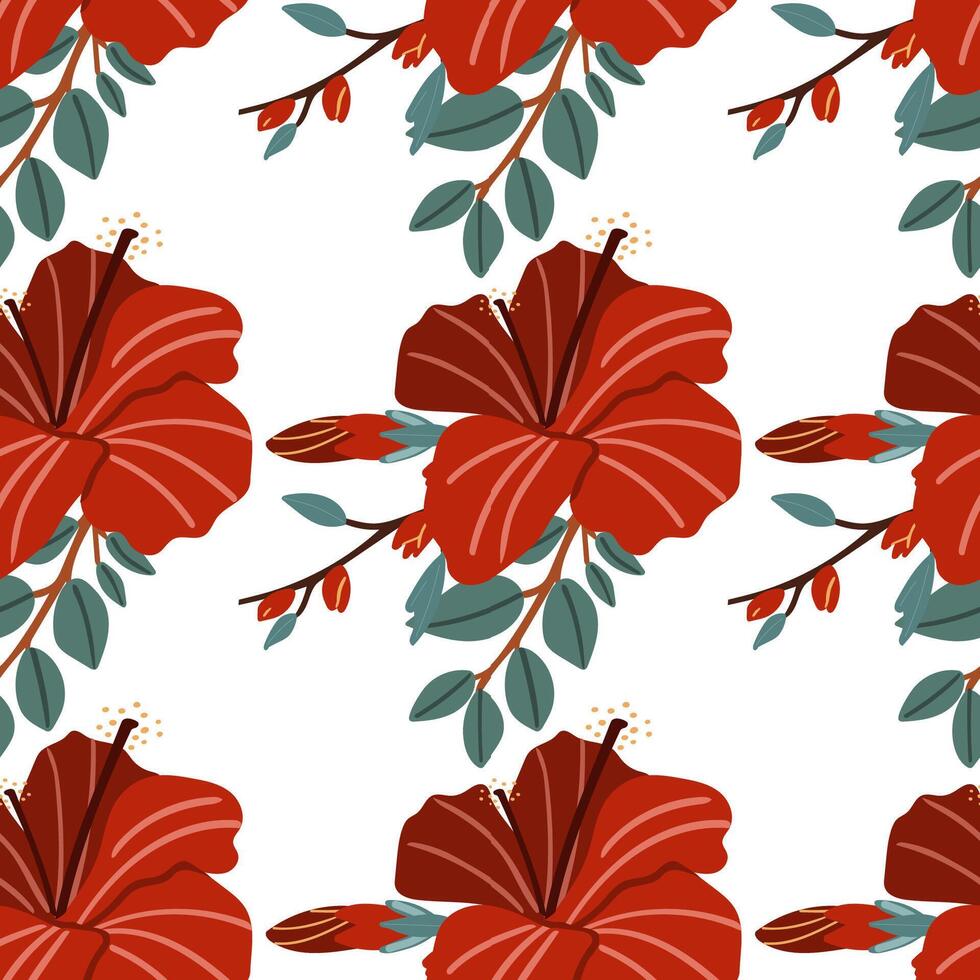 Seamless pattern with hibiscus flowers. Hibiscus bud and hibiscus branch. Ornament for textiles vector