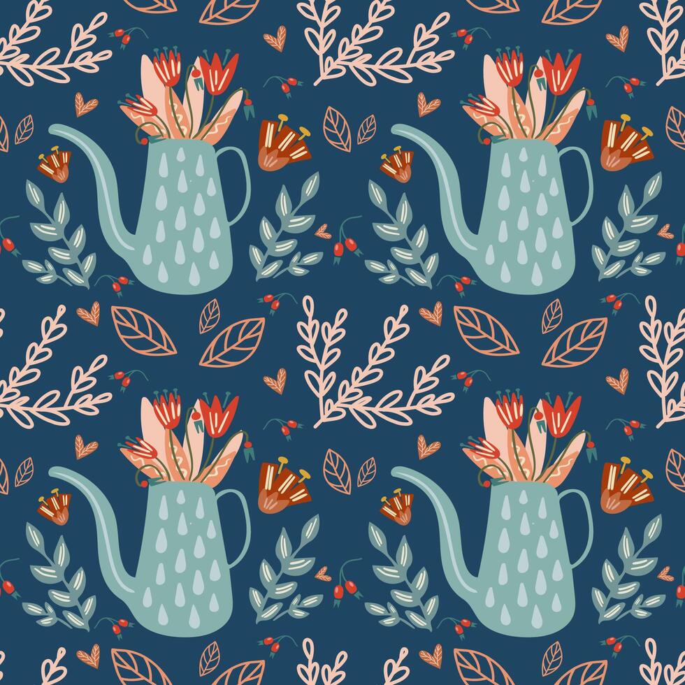 Seamless pattern with watering can and flowers. For textiles, packaging, wallpaper. vector