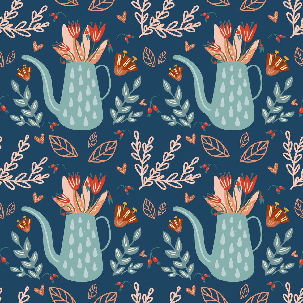 Seamless pattern with watering can and flowers. For textiles, packaging, wallpaper. vector