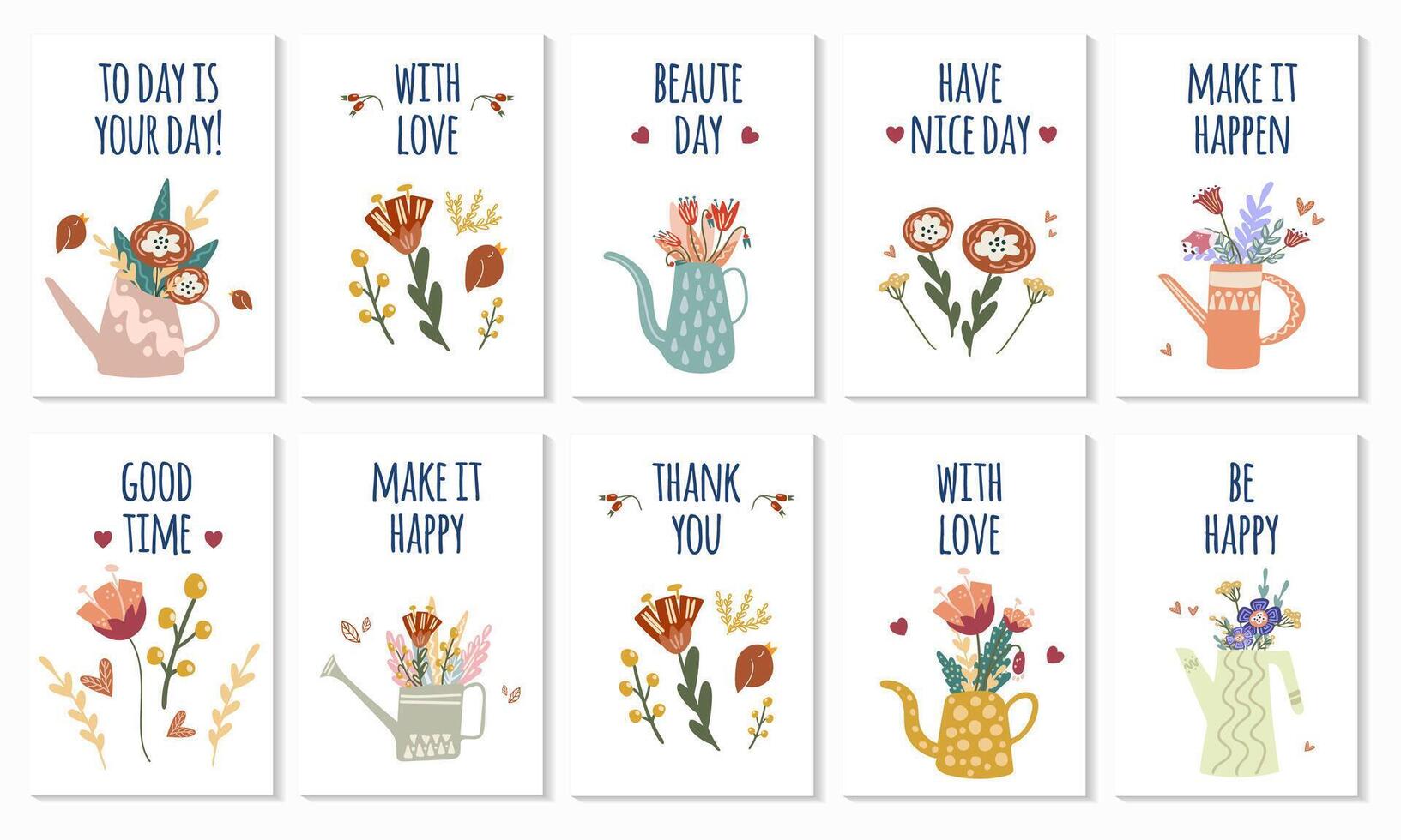 un conjunto de postales con citas y flores en riego latas adecuado para saludo tarjetas, carteles, cubiertas, invitaciones vector ilustración en dibujos animados estilo.