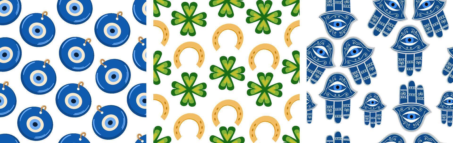 Vector illustrations seamless pattern - symbols of good luck. Nazar amulet, four-leaf clover and horseshoe, hamsa amulet. Vector illustration