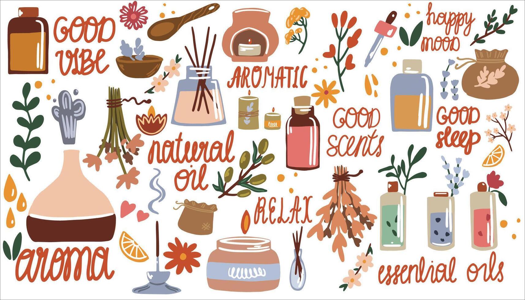Collection of aromatherapy, herbal medicine and alternative homeopathy. Essential oils, candles and herbs. vector