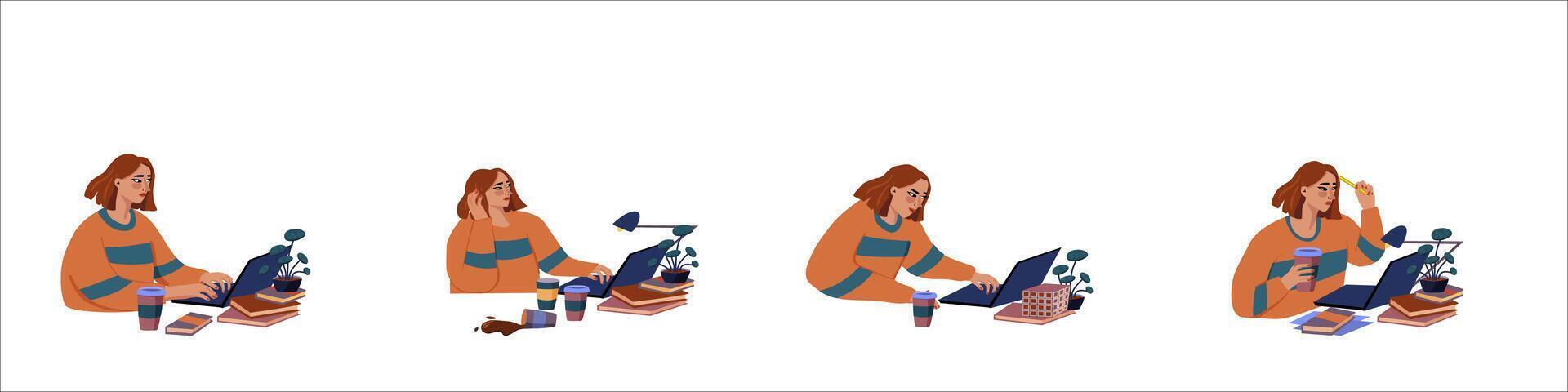 Set of illustrations of a woman at a computer. Surfing the Internet, work, computer activity. vector