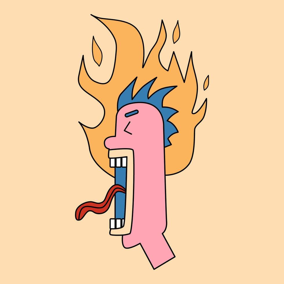 A burning head. An angry, screaming face. My head is on fire, negative emotions. vector