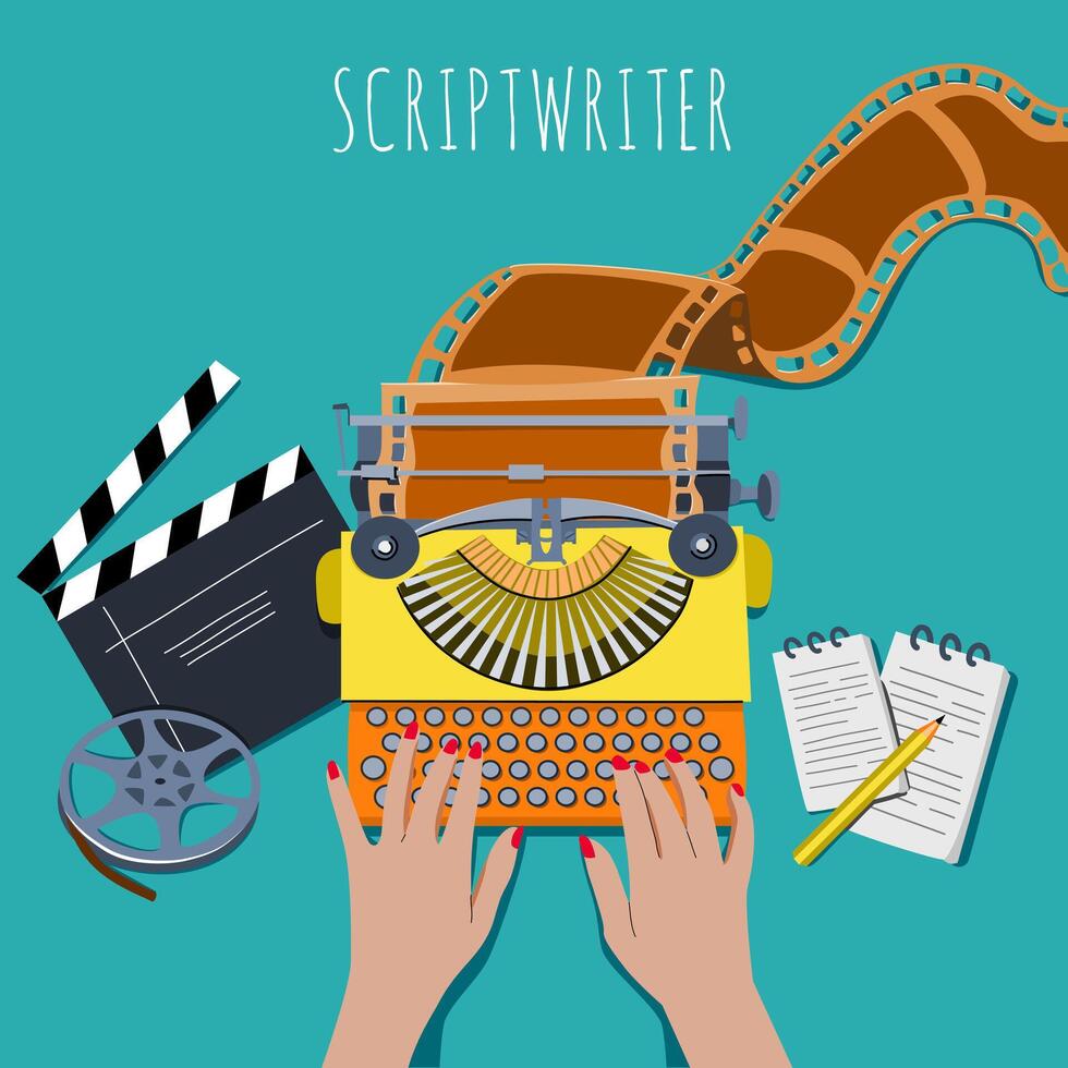 Creating a script for a movie, video. Women's hands are typing on a typewriter. The work of a screenwriter vector