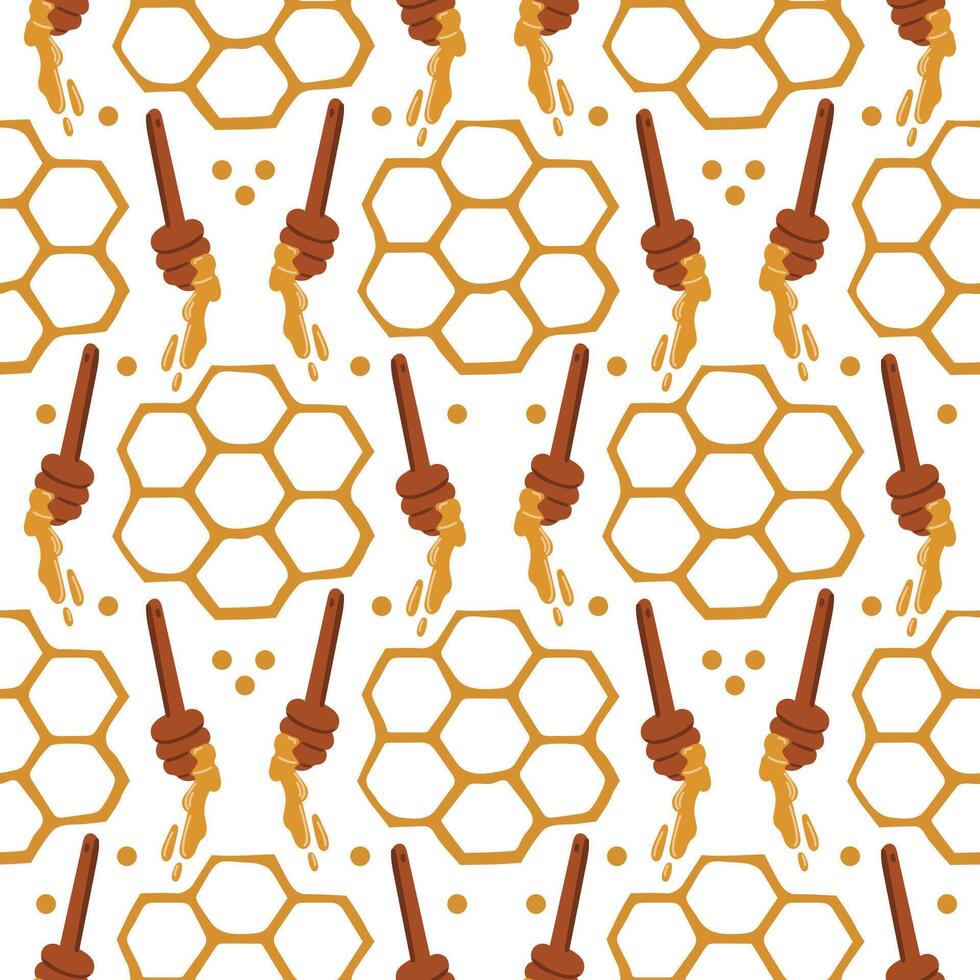 Seamless pattern with honeycomb, honey and honey bucket. For textiles, packaging, wrapping paper. vector