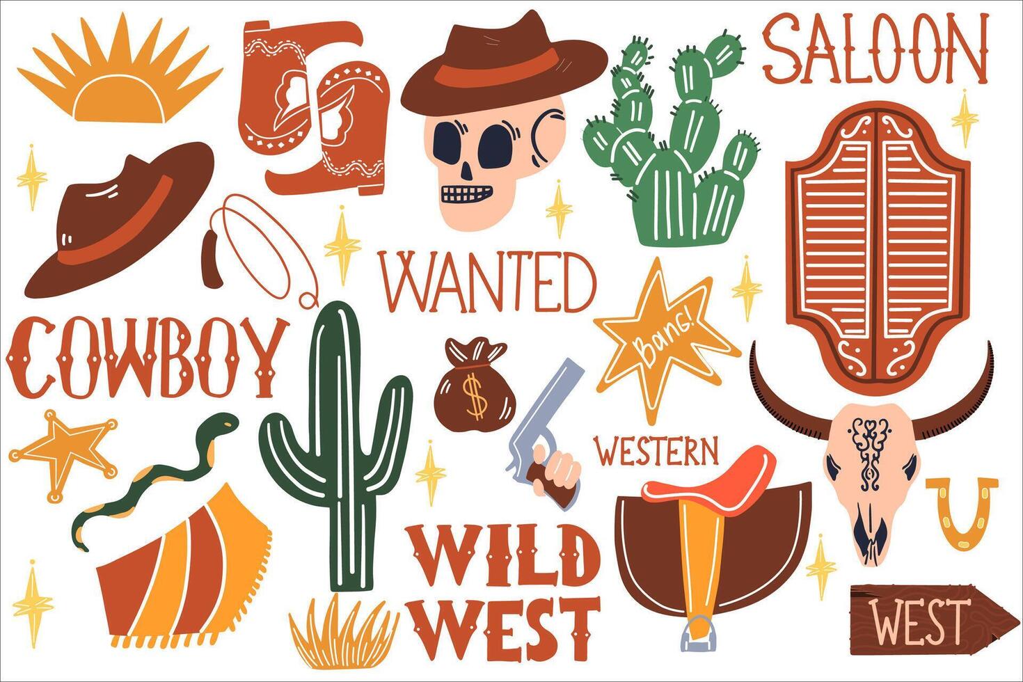 The set of vector illustrations of the wild West. Pictures of a western and a cowboy in a cartoon style.