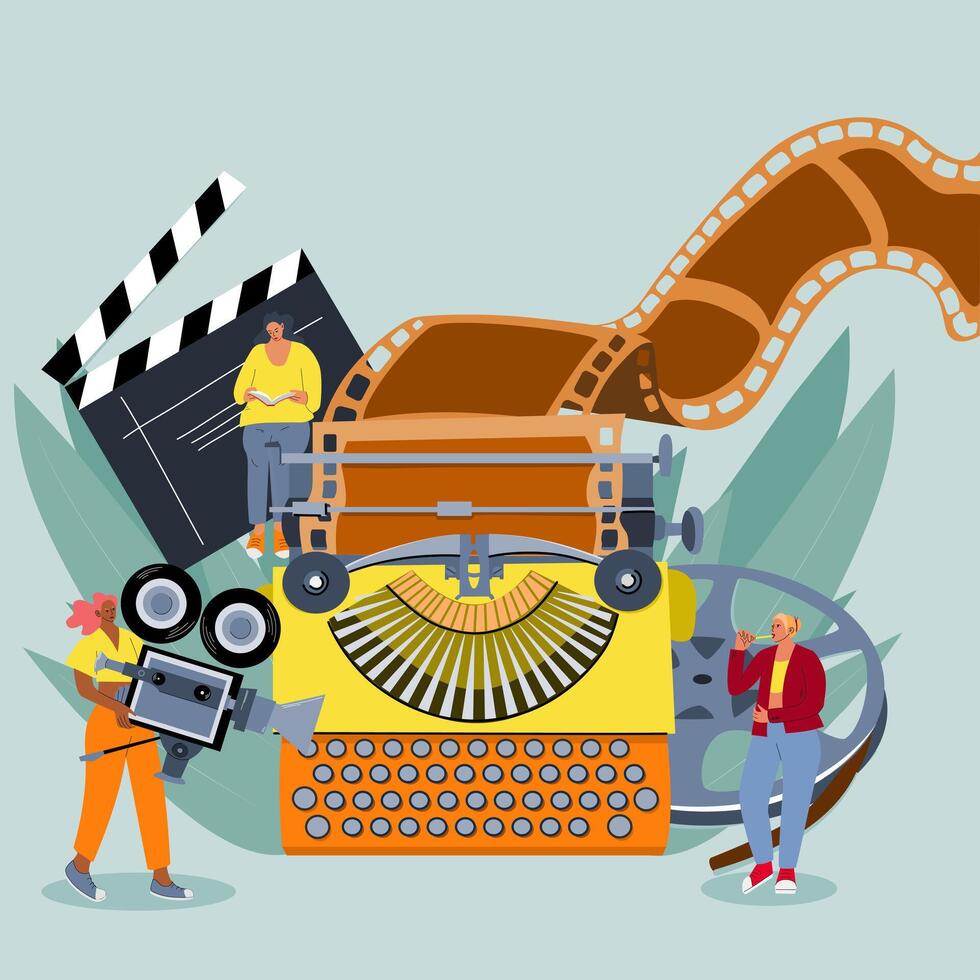 Vector illustration of the screenwriter. The concept of writing a script. Work on the production of the film. Retro typewriter with film