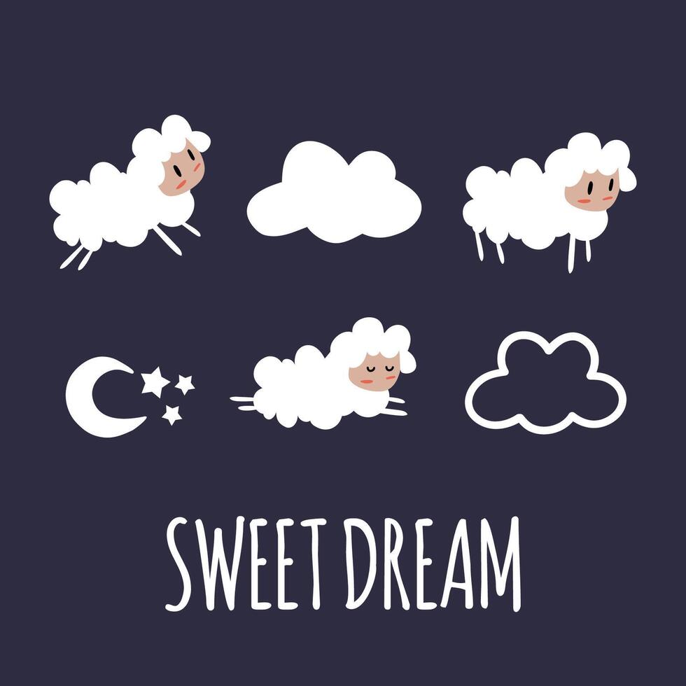 Cute sheep in different poses. Clouds and moon at night. Sweet dreams. vector