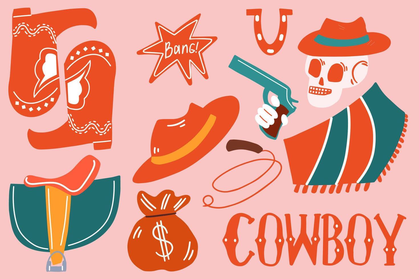 The concept of the cowboy and the wild West. Various objects. Cowboy boots, gun, skull vector