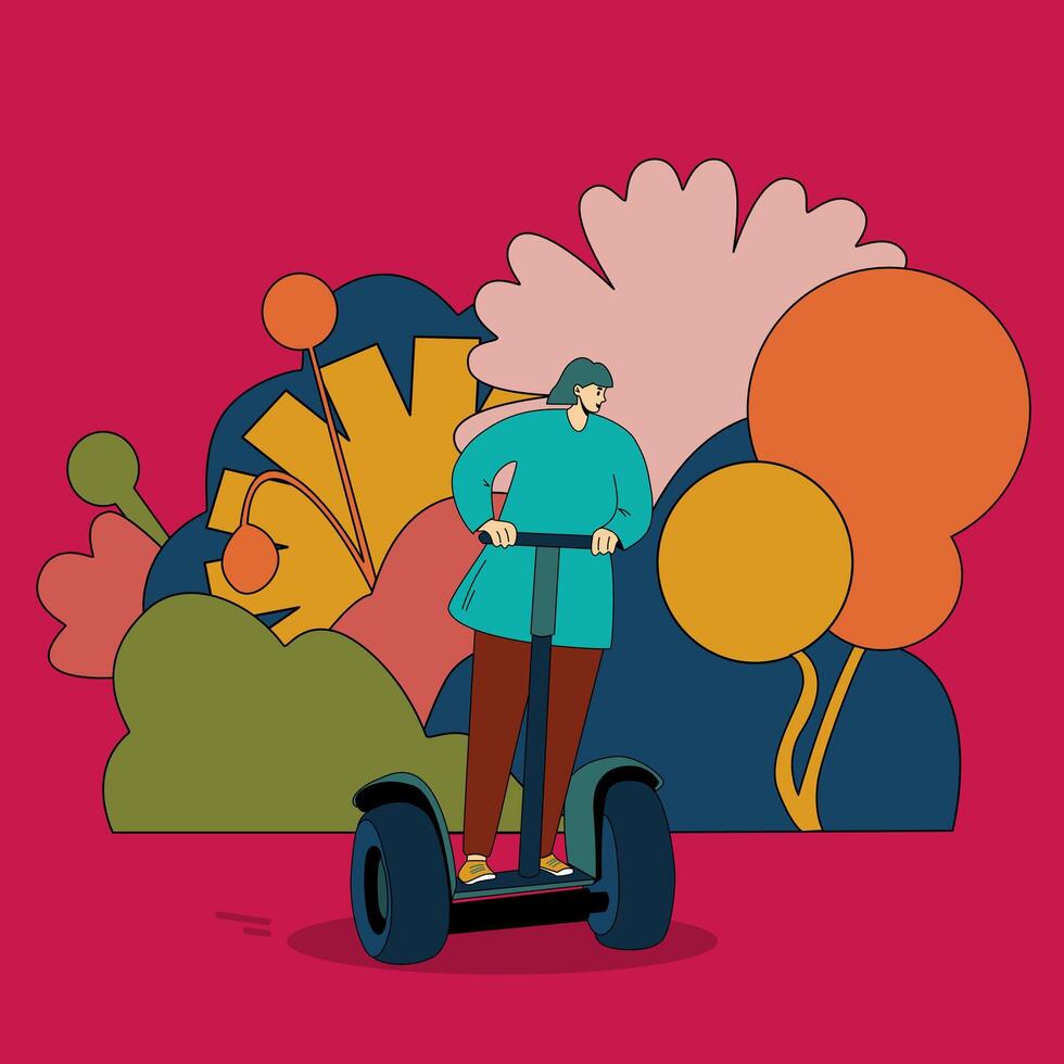 un niña paseos un segway un mujer en un scooter en un antecedentes de flores vistoso ilustración de eléctrico transporte. Respetuoso del medio ambiente transporte vector