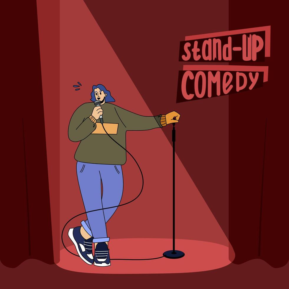Stand-up comedic woman. Comedy artist. The performance of a female comedian vector