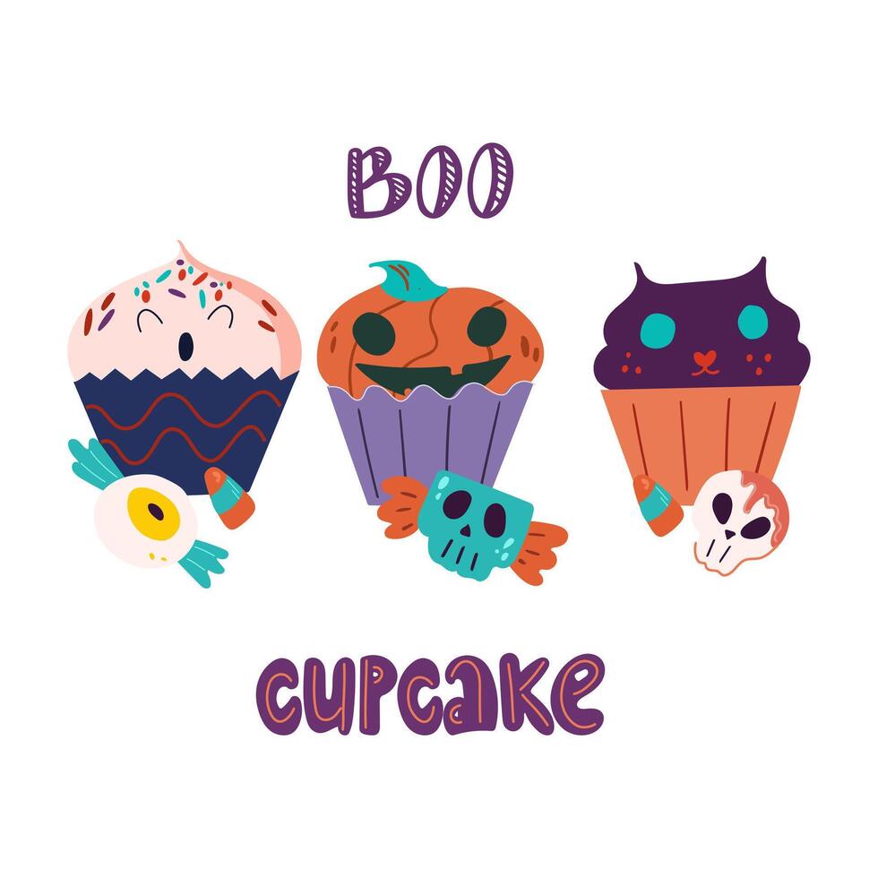 Funny muffins in the form of a creepy pumpkin, a ghost and a cat. Halloween illustration with cute and creepy sweets. A bag of pumpkins, a bucket of sweets vector