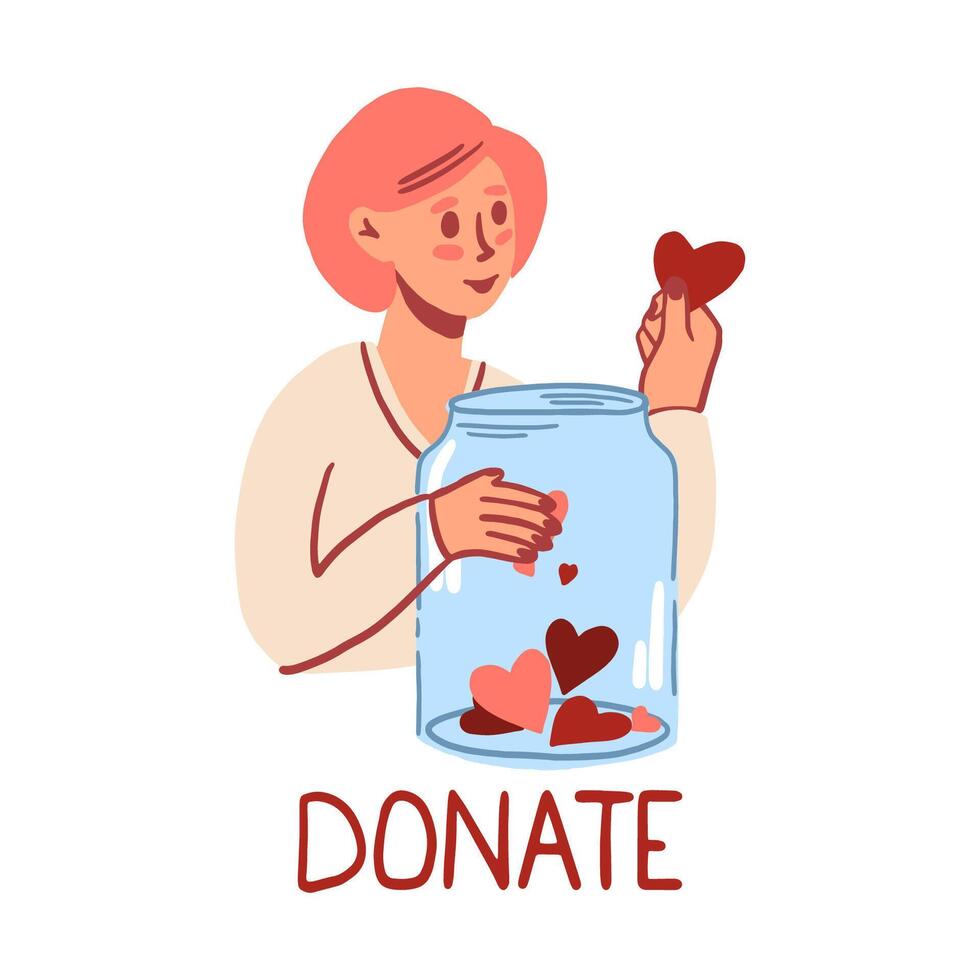 The concept of donation. A woman with a donation jar. Fundraising. Donate help. vector