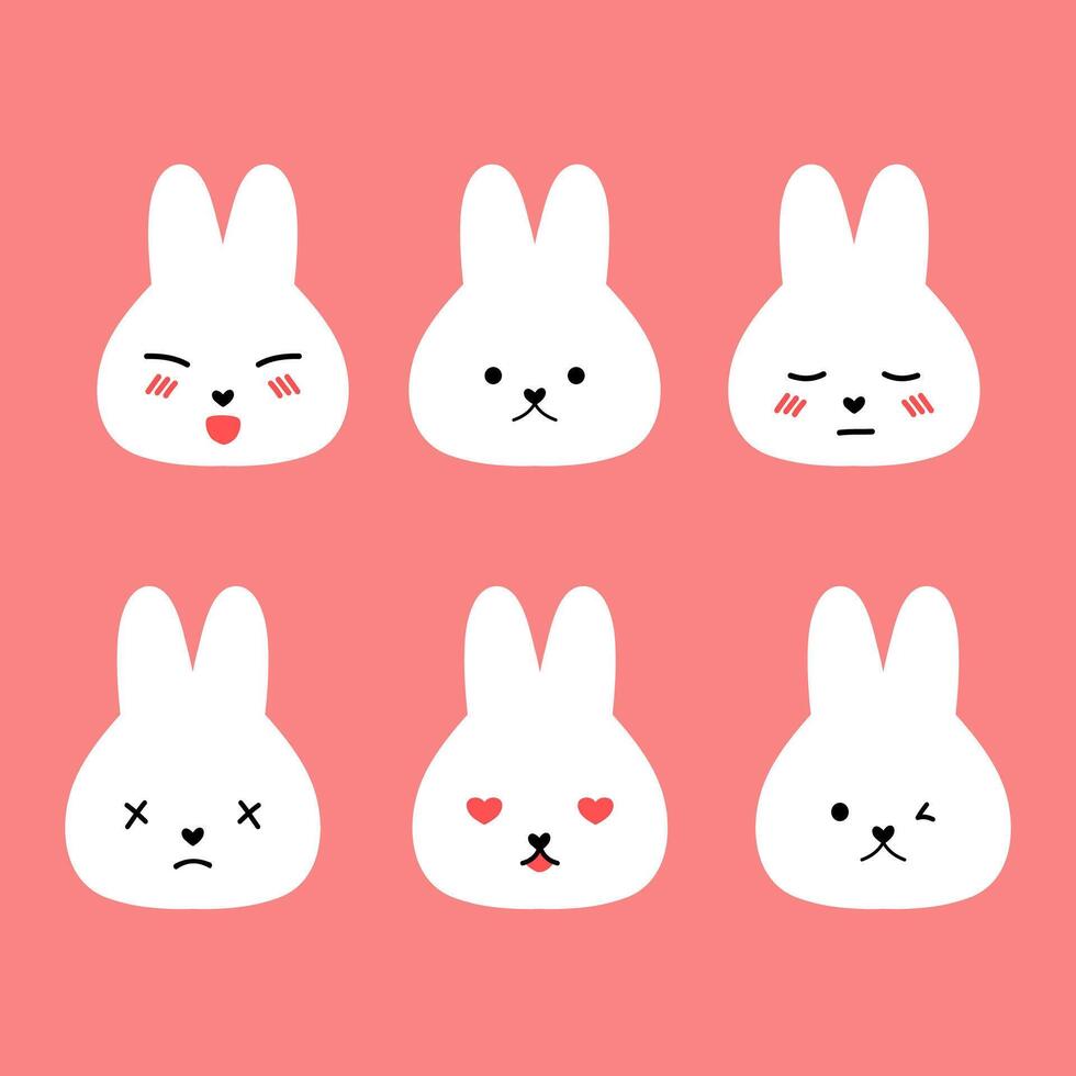 Set of kawaii rabbit faces with different emotions. Happy and sad rabbits. vector