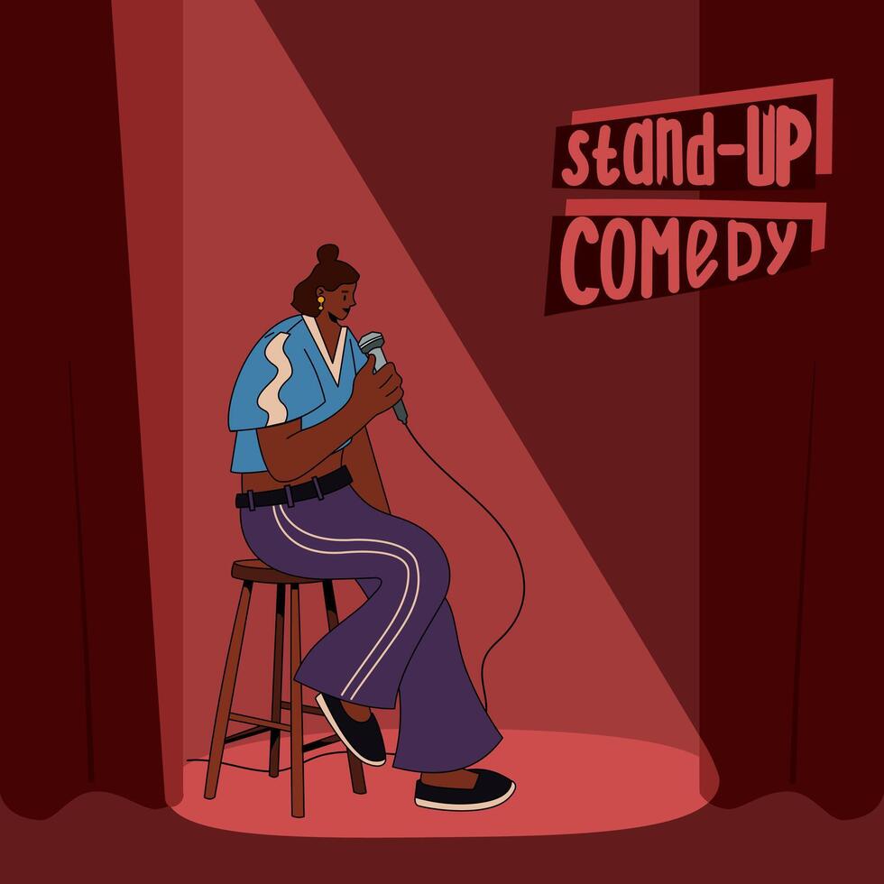 Stand-up comedic woman. Comedy artist. The performance of a female comedian vector
