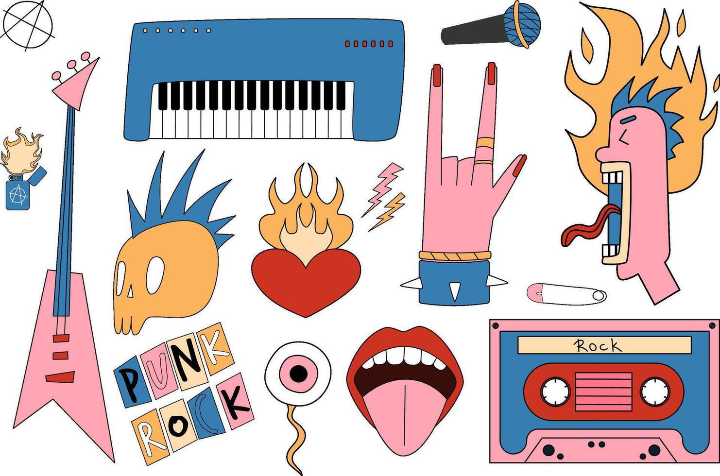 A set of rock and metal objects. Singer and musical instruments. Punk rock illustration. vector