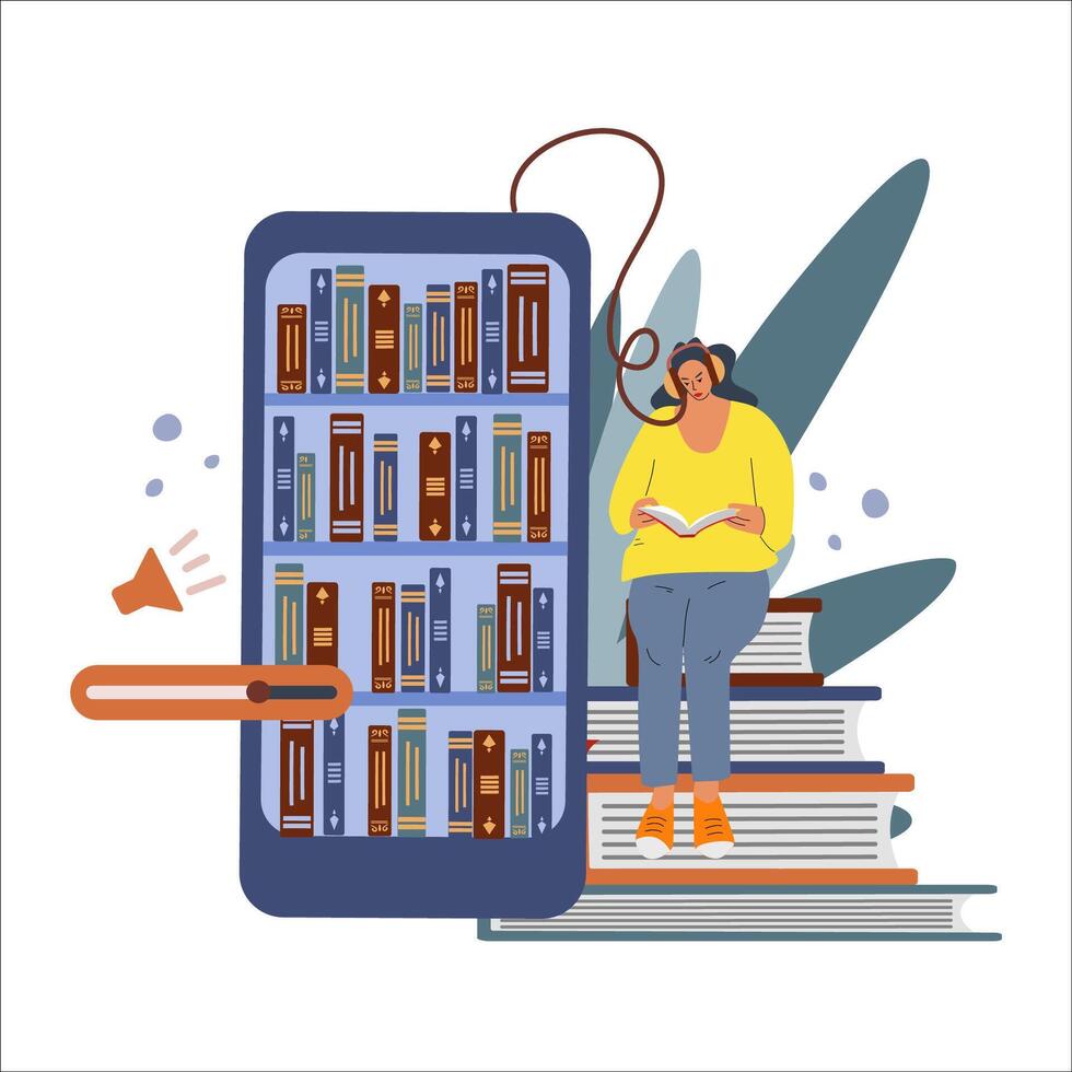 un teléfono inteligente con libros en el estantes. el concepto de e-aprendizaje. audio libro biblioteca vector