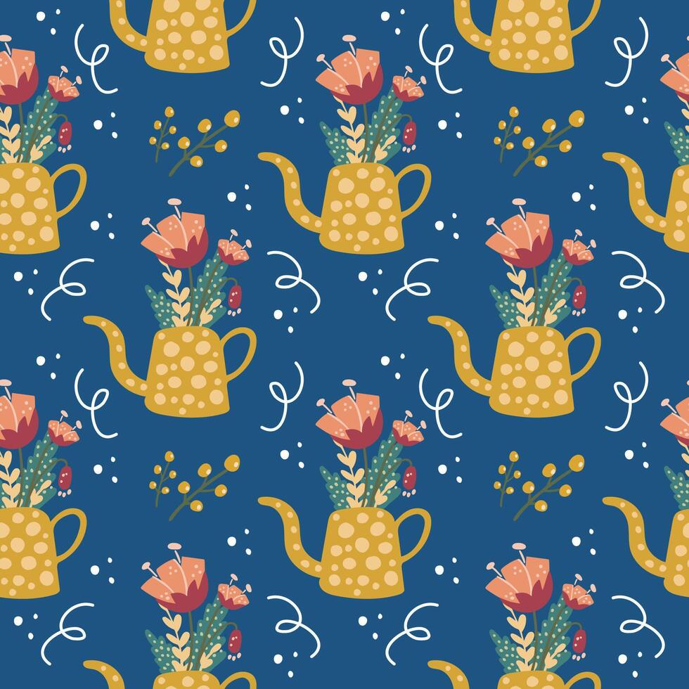 Seamless pattern with watering can and flowers. For textiles, packaging, wallpaper. vector