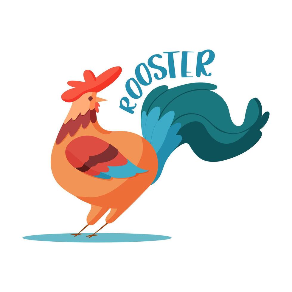 Rooster. Inscription. Vector illustration on a white background. Character design. Cartoon character of a rooster with lettering. Rooster side view. Cockerel.