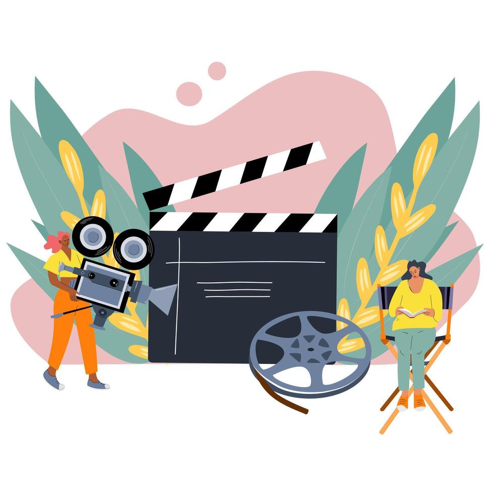 vector ilustración de vídeo producción. personas crear un película y disparar un video. el trabajo de el operador y el guionista