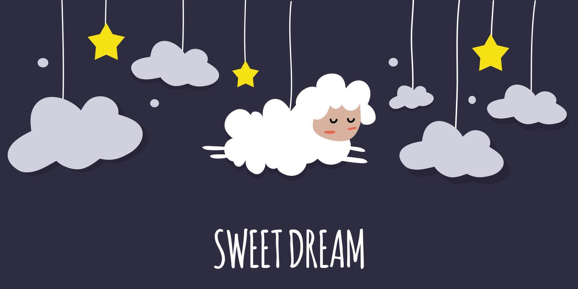 Cute cartoon-style sheep sleeps in the clouds. Wishing you good dreams. vector