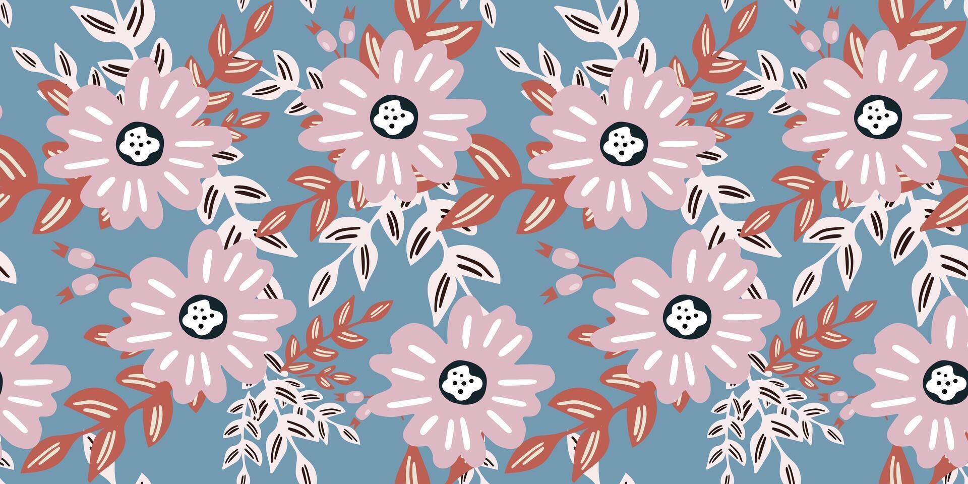 Modern aesthetic abstract floral seamless pattern. Pink flowers with leaves. vector