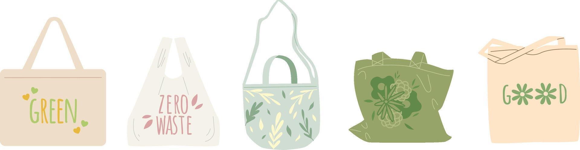 un conjunto de paño bolsas. reutilizable bolsas ecológicas hecho de lienzo, algodón tela. el concepto de reciclaje y ecología vector
