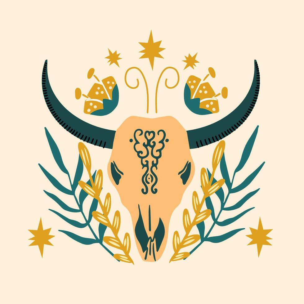 Aesthetic cow skull with flowers on a yellow background. Bull's skull. Vector illustration.