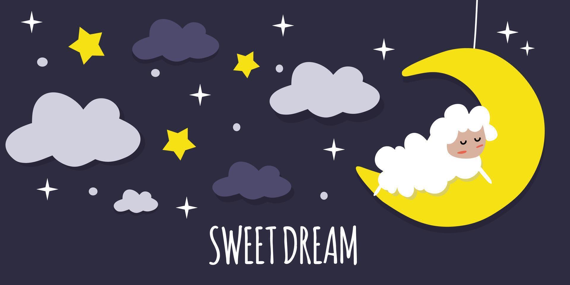 Cute sheep in cartoon style sleeps against the background of the starry sky and clouds. Wishing you good dreams. vector