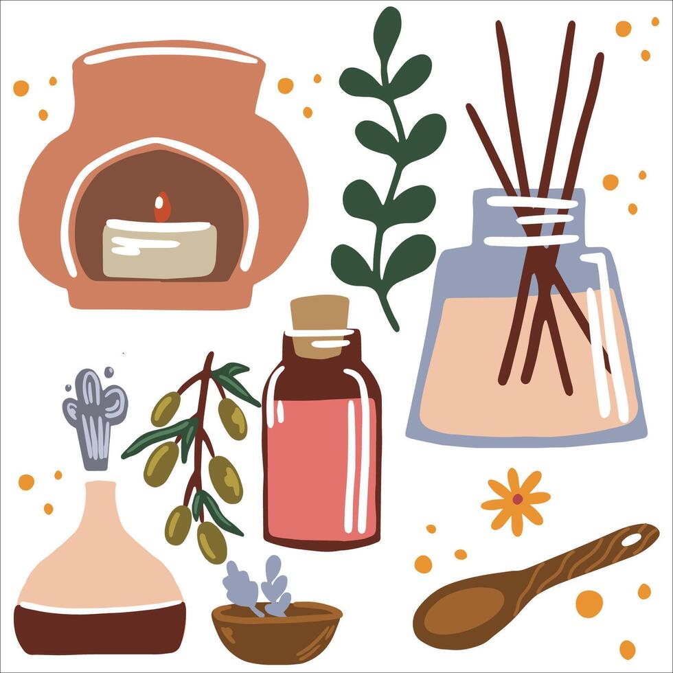 ilustración de aromaterapia y esencial aceites incienso palos, velas y hierbas. vector
