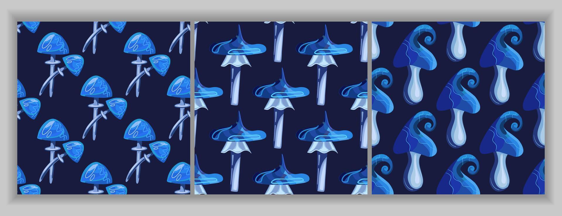 A set of seamless patterns of blue neon mushrooms. Magic and magic mushrooms. Fluorescent glowing toadstools and fly agarics vector