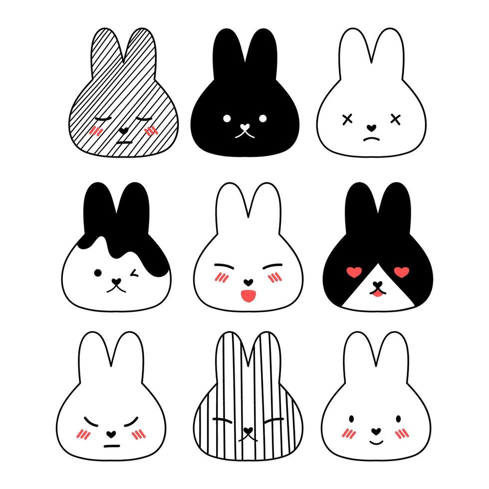 Set of kawaii rabbit faces with different emotions. Happy and sad rabbits. vector