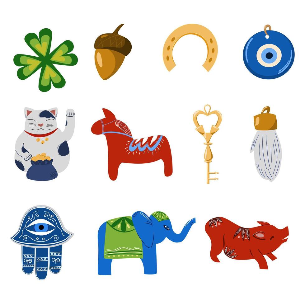 Talismans, symbols, amulets of good luck. Symbols of good fortune, prosperity and success. Horseshoe, clover, rabbit's foot acorn evil eye maneki Neko key dala. vector