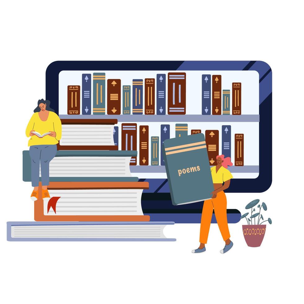 Vector illustrations are the concept of an online library, an online bookstore, and reading.