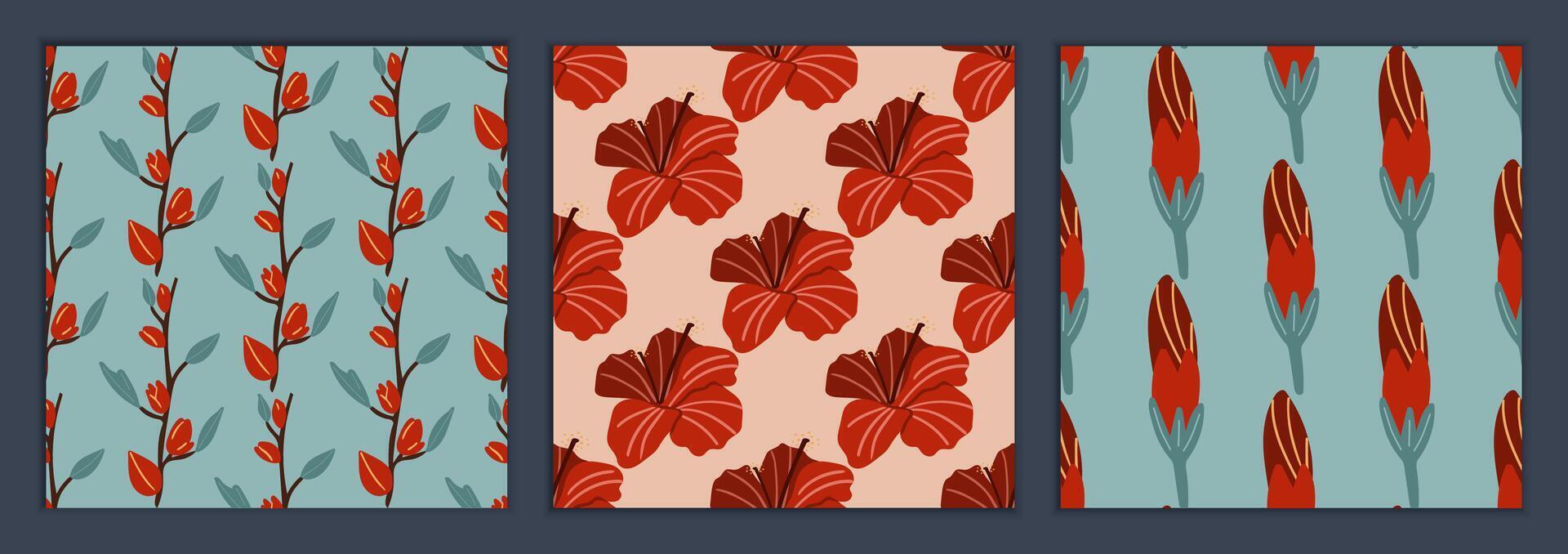 A set of seamless patterns with hibiscus flowers. Hibiscus bud and hibiscus branch. Ornament for textiles vector