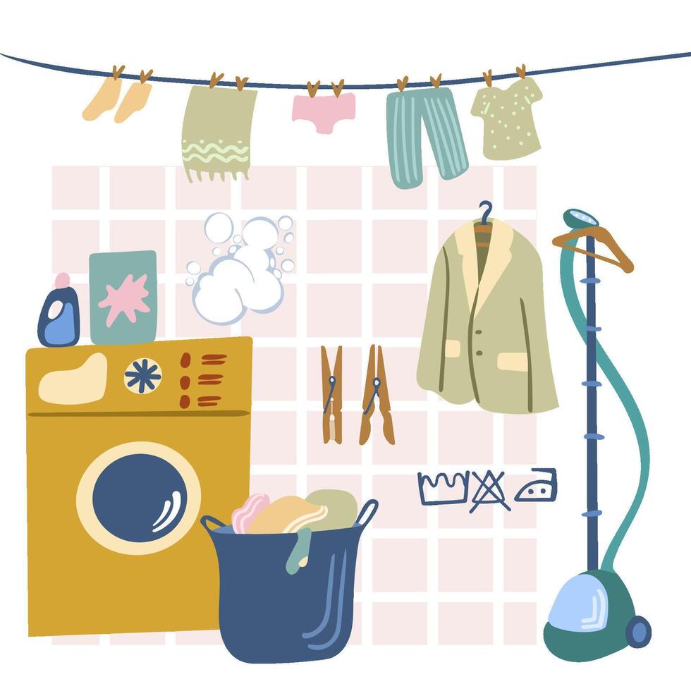 hogar lavadero. Lavado máquina y tendedero Lavado sucio ropa. casa productos quimicos vector ilustración en dibujos animados estilo.