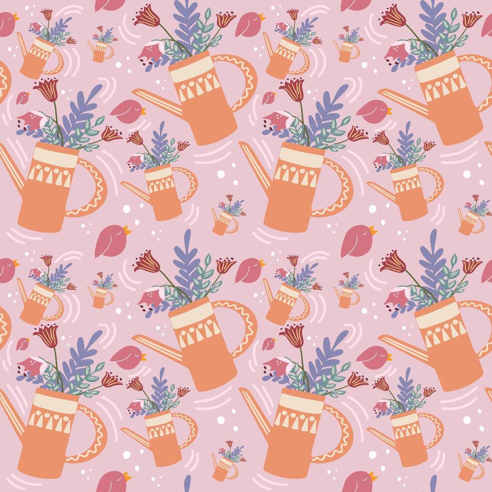 Seamless pattern with watering can and flowers. For textiles, packaging, wallpaper. vector