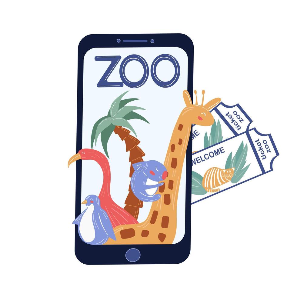 un concepto para un zoo. compra Entradas en tu móvil teléfono. en línea zoo. para publicidad, pancartas, carteles, Entradas. vector