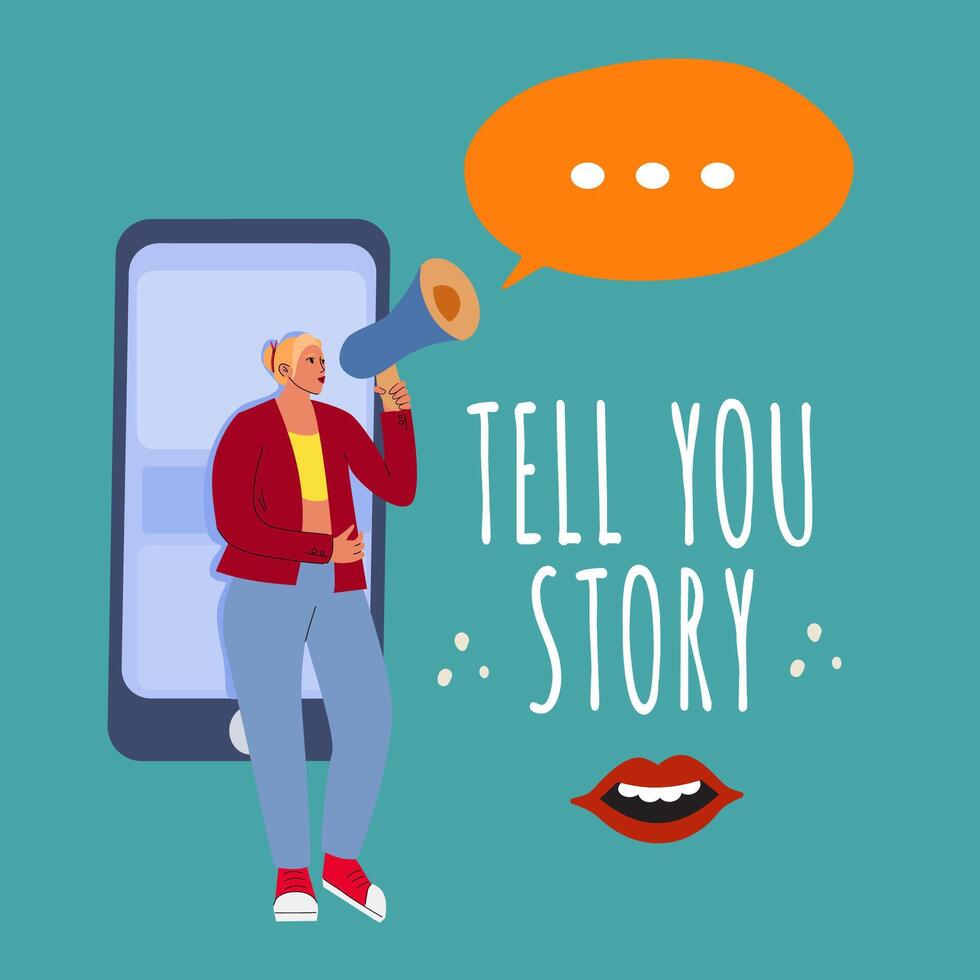 contar tu historia en social redes, personal Blog, digital medios de comunicación. márketing y publicidad bandera concepto, compartir tu historia vector