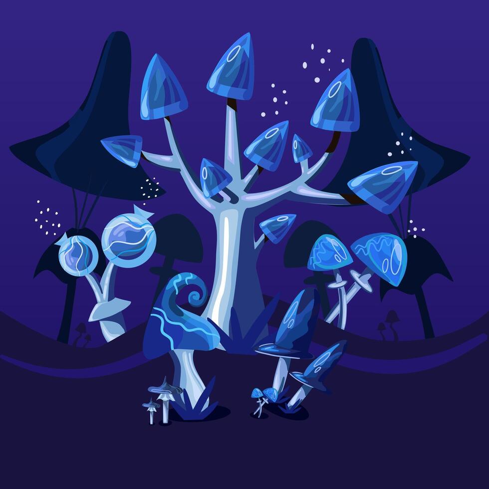 Cartoon fantastic night mushroom background. A fabulous illustration with magic mushrooms. Vector illustration of fantasy glowing mushrooms.