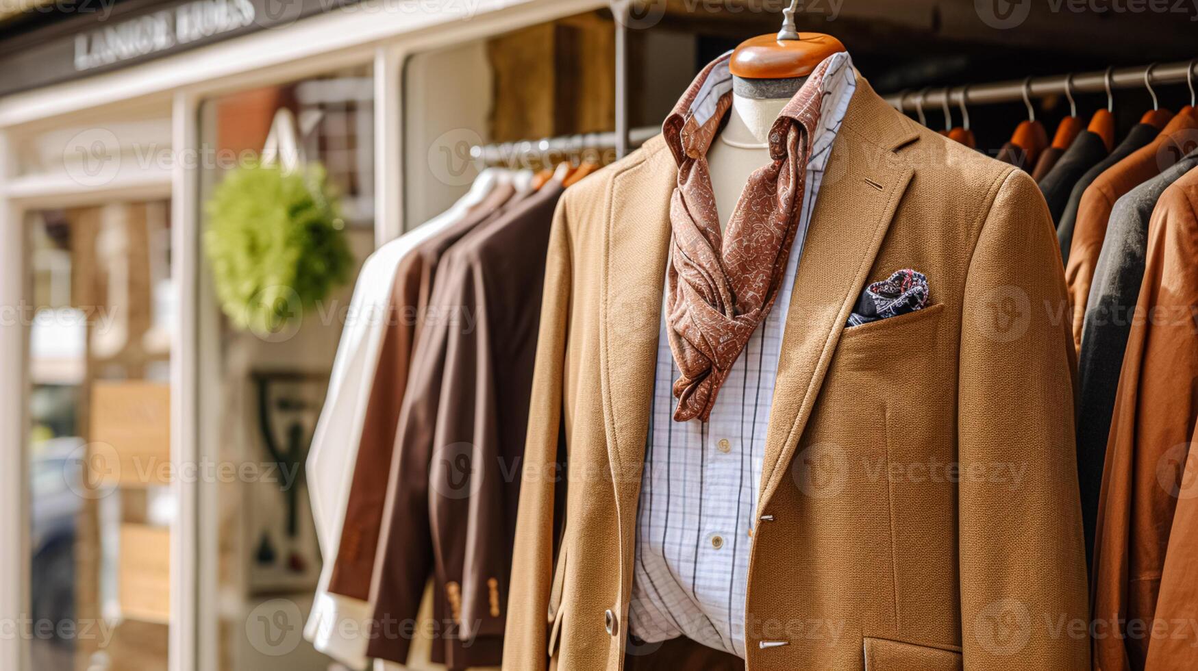 AI generated Menswear store in English countryside style, autumn winter clothing collection photo