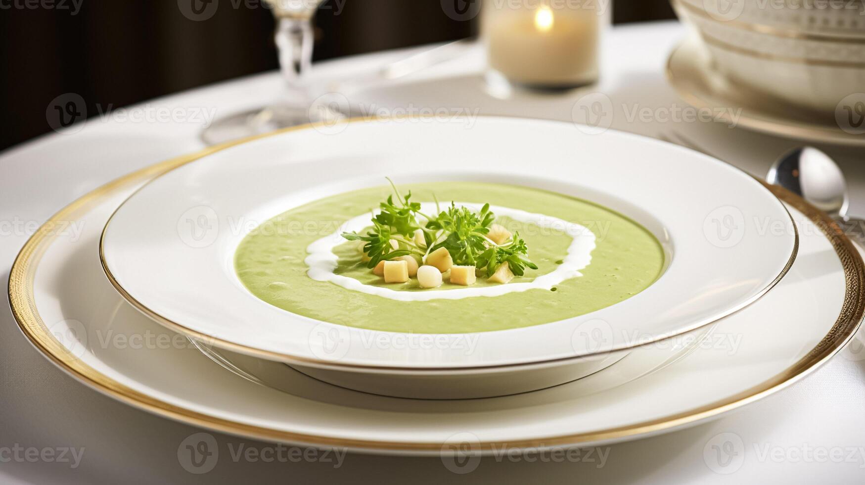 AI generated Pea cream soup in a restaurant, English countryside exquisite cuisine menu, culinary art food and fine dining photo