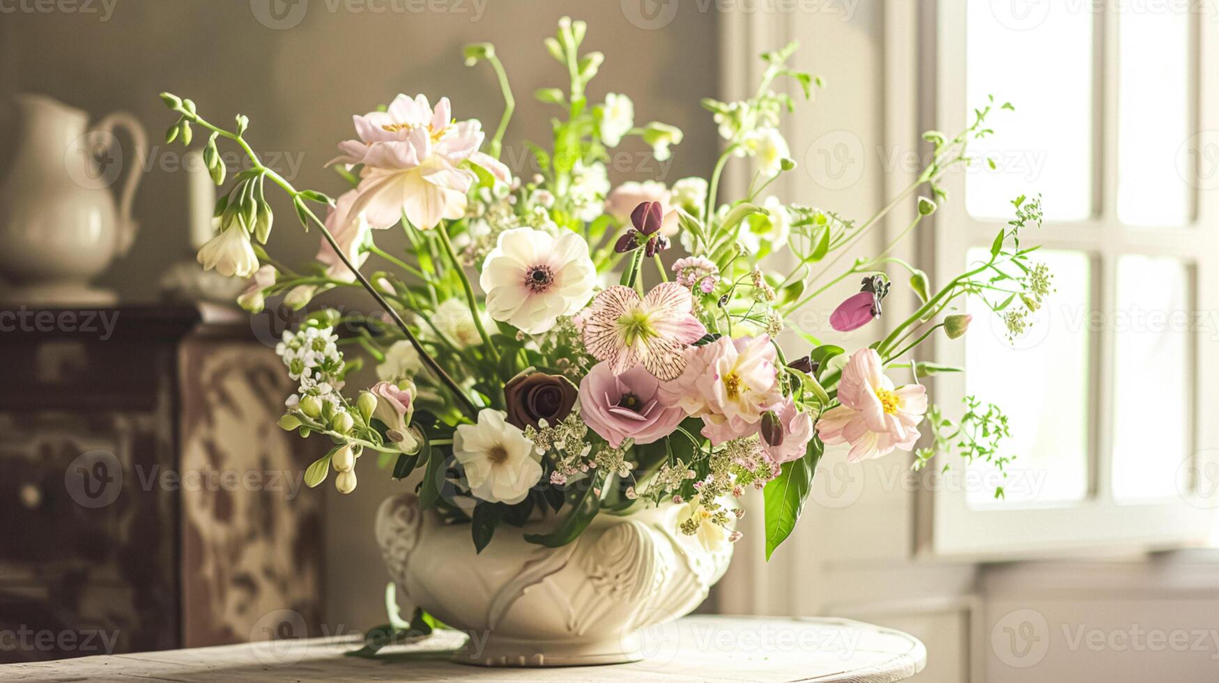 AI generated Spring flowers in vintage vase, beautiful floral arrangement, home decor, wedding and florist design photo