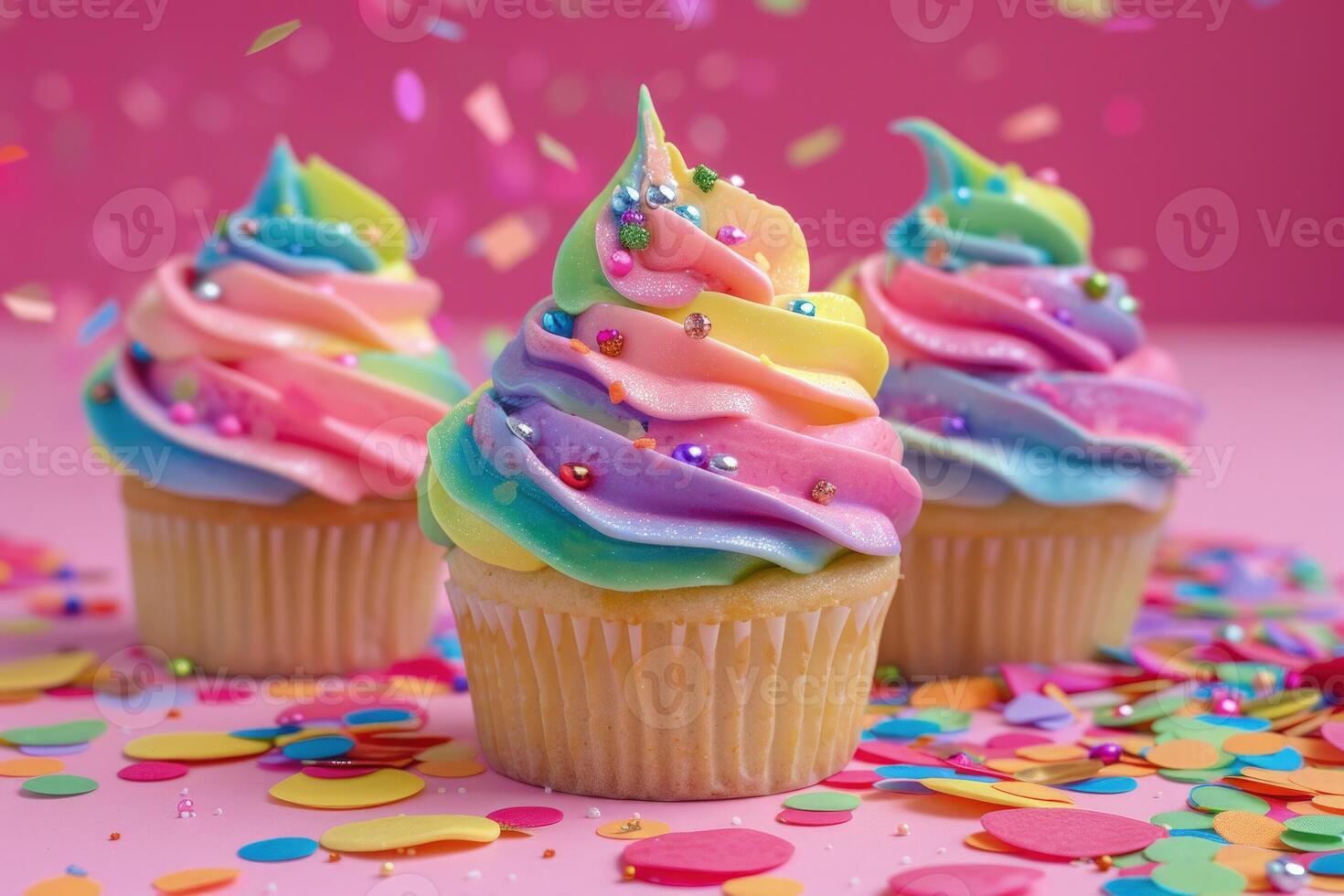 AI generated Colorful birthday dessert cupcakes with confetti on a pink background with fun party photo
