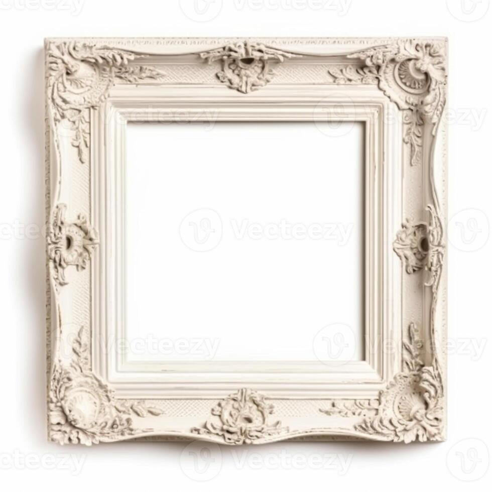 AI generated Empty vintage white wood square frame isolated on white background for wall art mockup, generative ai photo